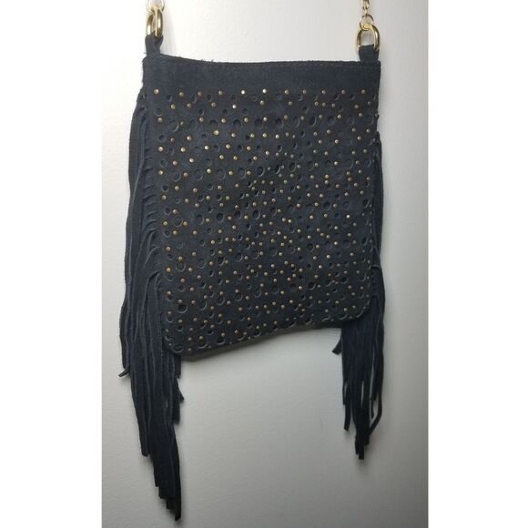 EUC|Boho Black Suede Leather Gold Studded Fringe Bag - Picture 2 of 6